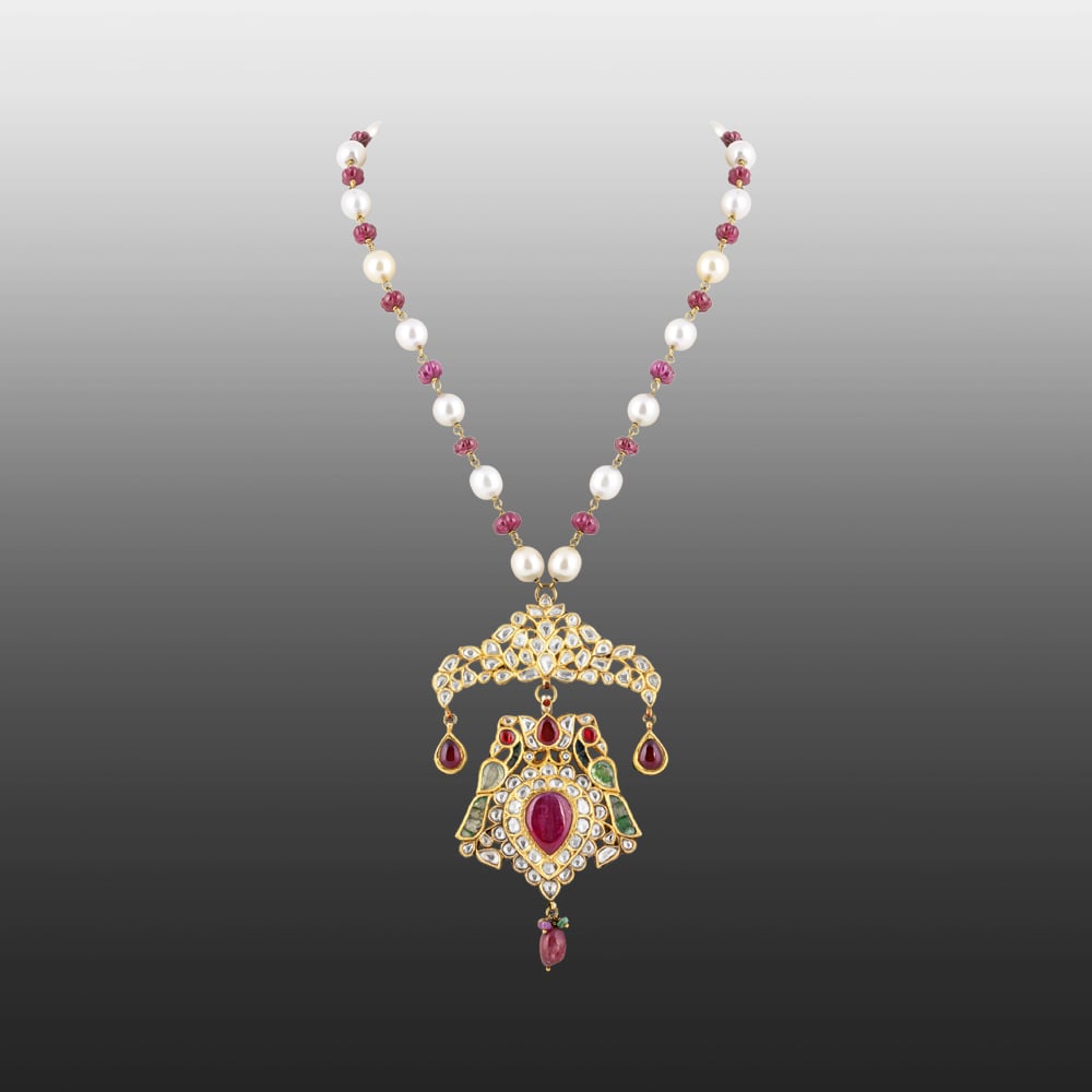 Peacock Polki Pendant Necklace with Rubies, Green Talaf & Southsea Pearls